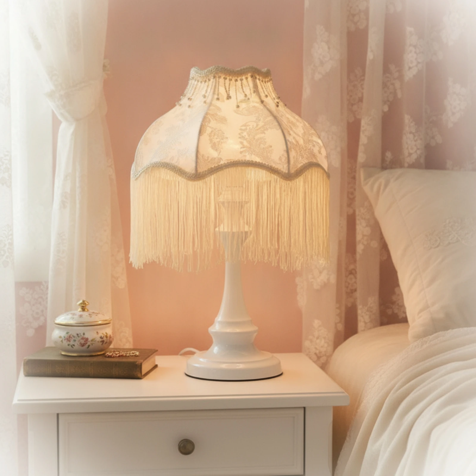 Fringe Table Lamp Ornate Table Lamp with Textile Shade Corded Elegant for Girls, Bedroom, Reading Corner