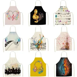 Cartoon musical note pattern kitchen apron for men and women home cooking linen bib cleaning tools sleeveless apron