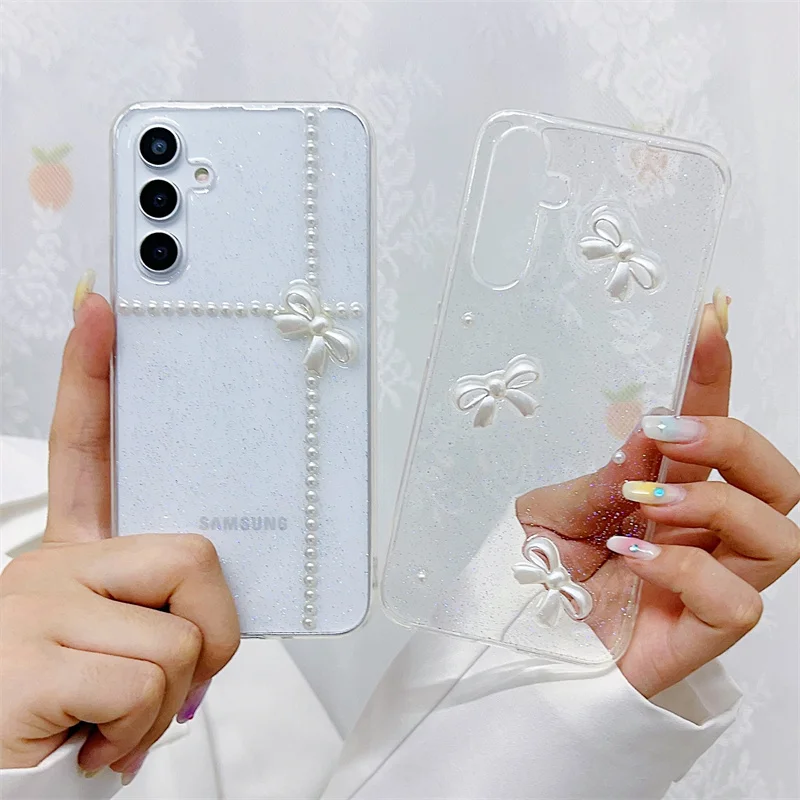 Bow Clear Liquid Phone Case For Samsung A50 A70 A51 A71 A12 A32 A52 A72 A13 A23 A33 A53 A73 A14 A34 A54 A24 A15 A35 A55 Cover