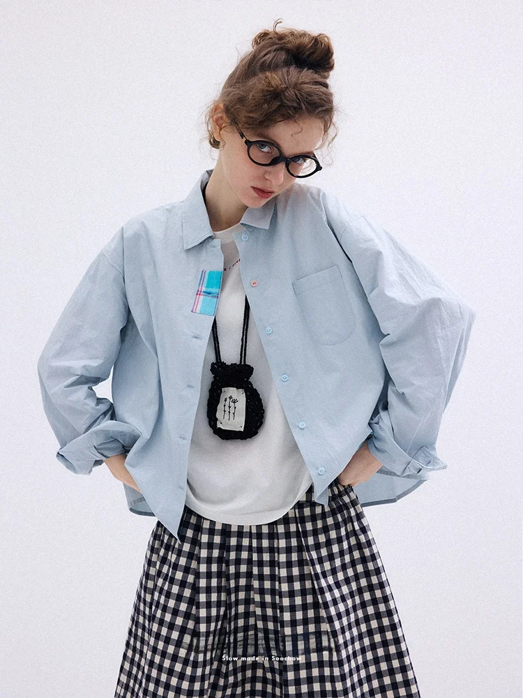 

Японская хлопковая рубашка в клетку с пэчворком, отложным воротником, длинными рукавами, прямого кроя, для повседневной носки, весенняя коллекция