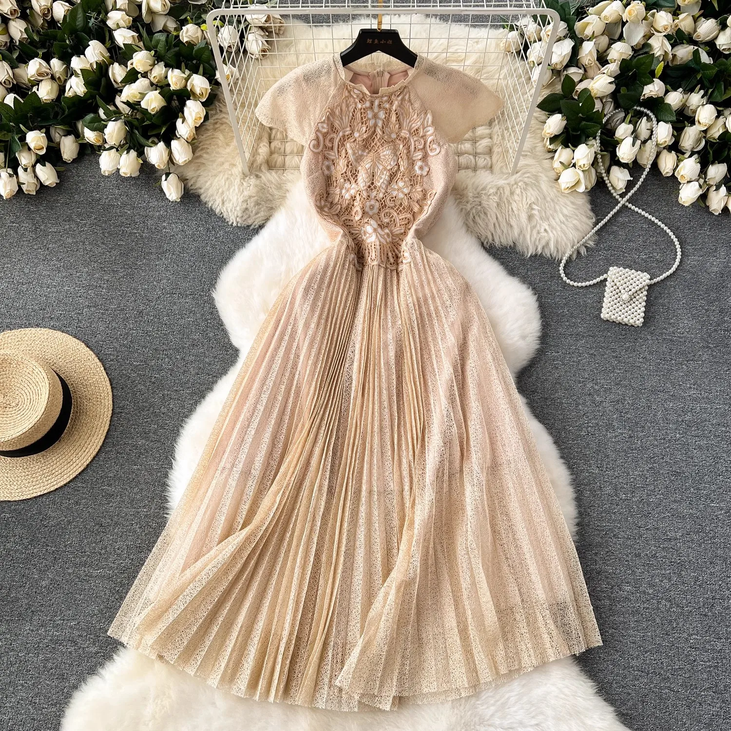 

New 2024 Runway Elegant Summer Lace Butterfly Embroidery Pleated Dress Vintage Women O Neck Hollow Out Prom Party Midi Vestidos