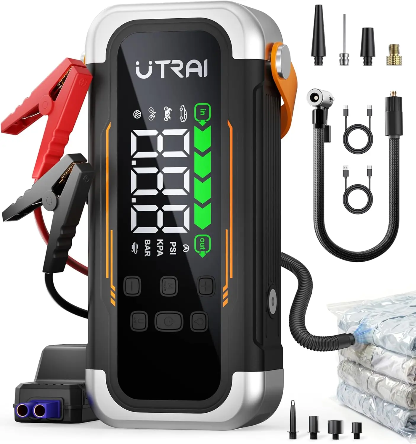 

6000A Peak Jump Starter with Air Compressor, 150PSI Tire Inflator, PD Fast Charge for All Vehicles