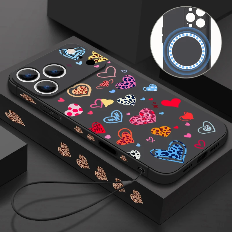 Magnetische Schutzhülle für iPhone 17 Pro Max Air 16E 16 15 14 13 12 Pro Max 11, buntes Liebesherz, bedruckte TPU-Lanyard-Abdeckung