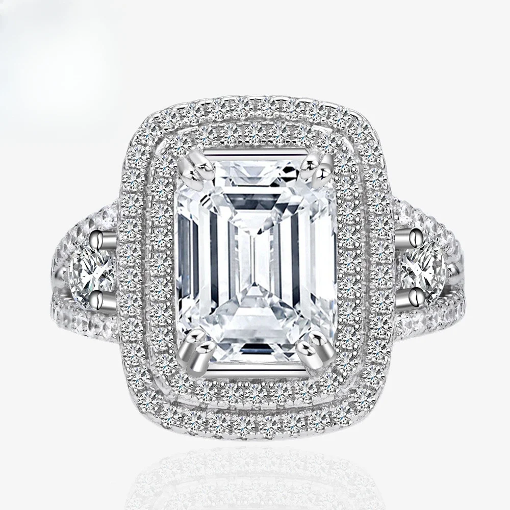 Rectangular Chamfered 8 * 12 High Carbon Diamond Ring, Emerald Cut Luxury Inlaid Wide Version S925 Silver Ring