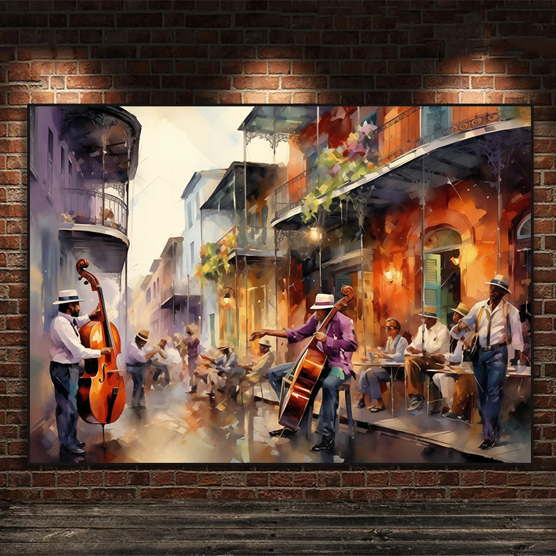 Abstract New Orleans Jazz  Bourbon Street Cello Art Canvas Painting Nordic Posters and Prints Wall Picture for Living Room Decor