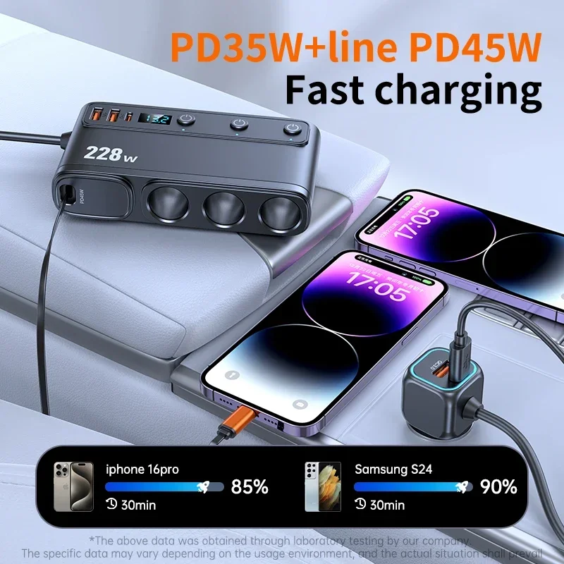 228W 9 in 1 Car Fast Charger Adapter Charge Independent Switches DC Cigarette Outlet PD 3 Socket Cigarette Lighter Splitter