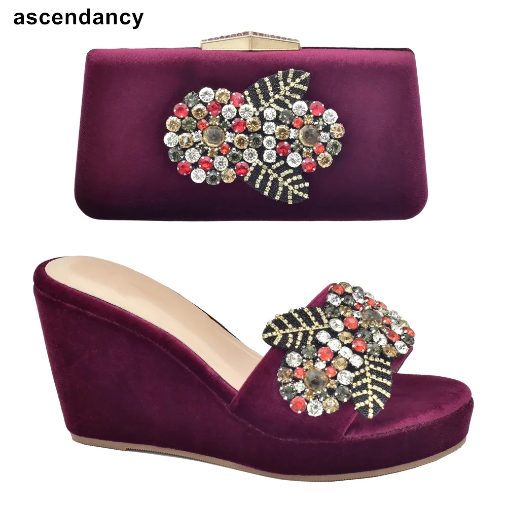 Latest Design Africa Shoe and Bags Set Wedges Shoes for Women Wedding Shoes Bride Rhinestone Italy Women Party Pumps with Purse