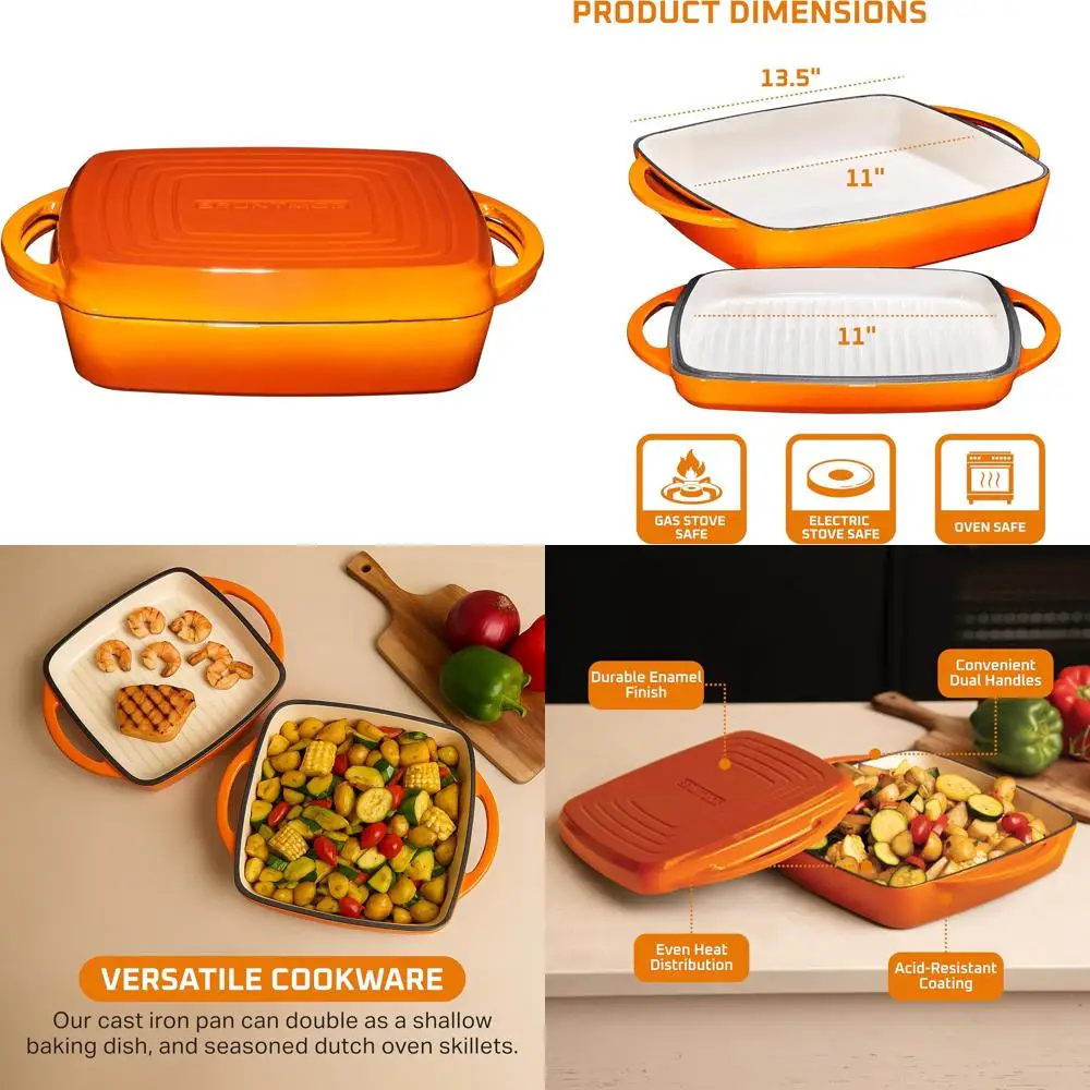 

Pumpkin Spice Cast Iron Dutch Oven, 2-in-1 Enamel Cookware Set, Square Braising Pan for Casseroles and Braising