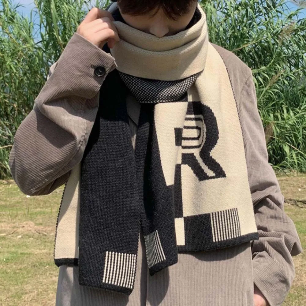 

Gifts Acrylic Fibres Color Blocked Scarf Warmer Long R-shaped Knitted Scarf Stole Soft Men Thick Shawl Spring