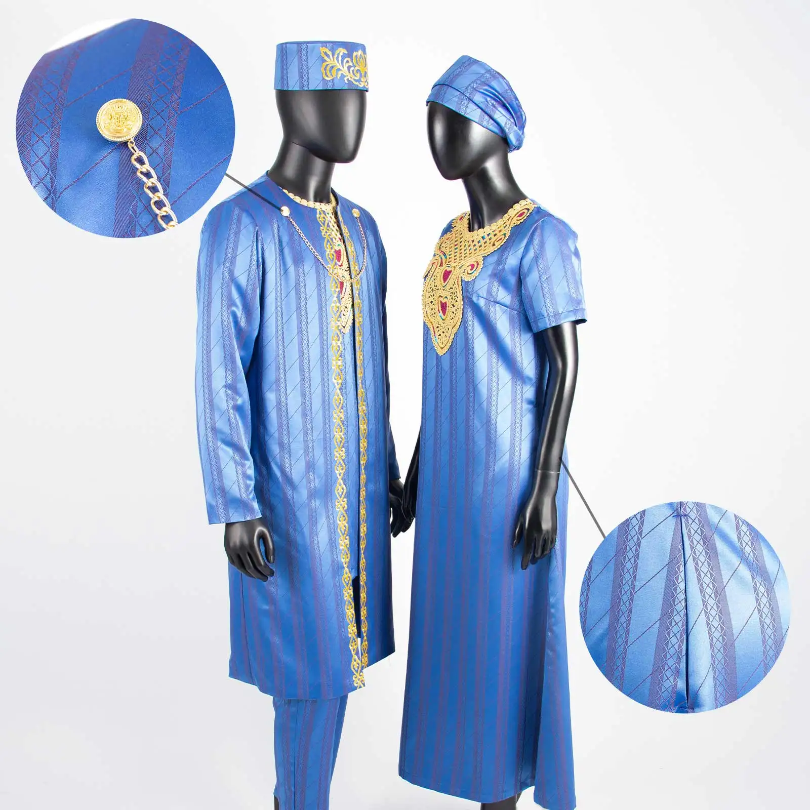 Bazin Riche Attire African Women Dress for Wedding Men Suit Embroidery Robe Shirt Pants Hat 4 Pcs Set Party Wedding Gown Y22C079