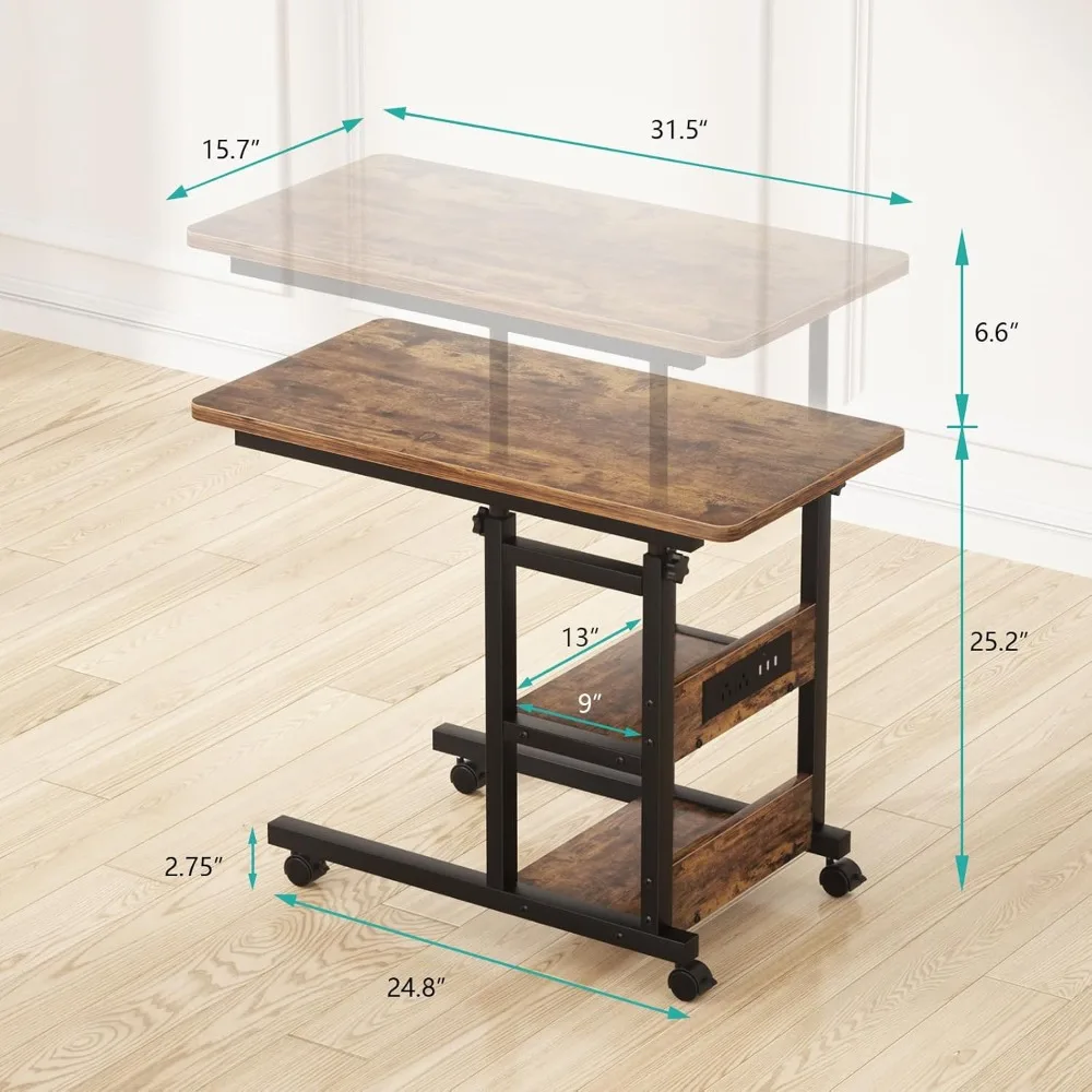 Height Adjustable End Table with Charging Station Mobile C Shaped Laptop Side Table with Wheels 3-Tier Sofa Couch Table