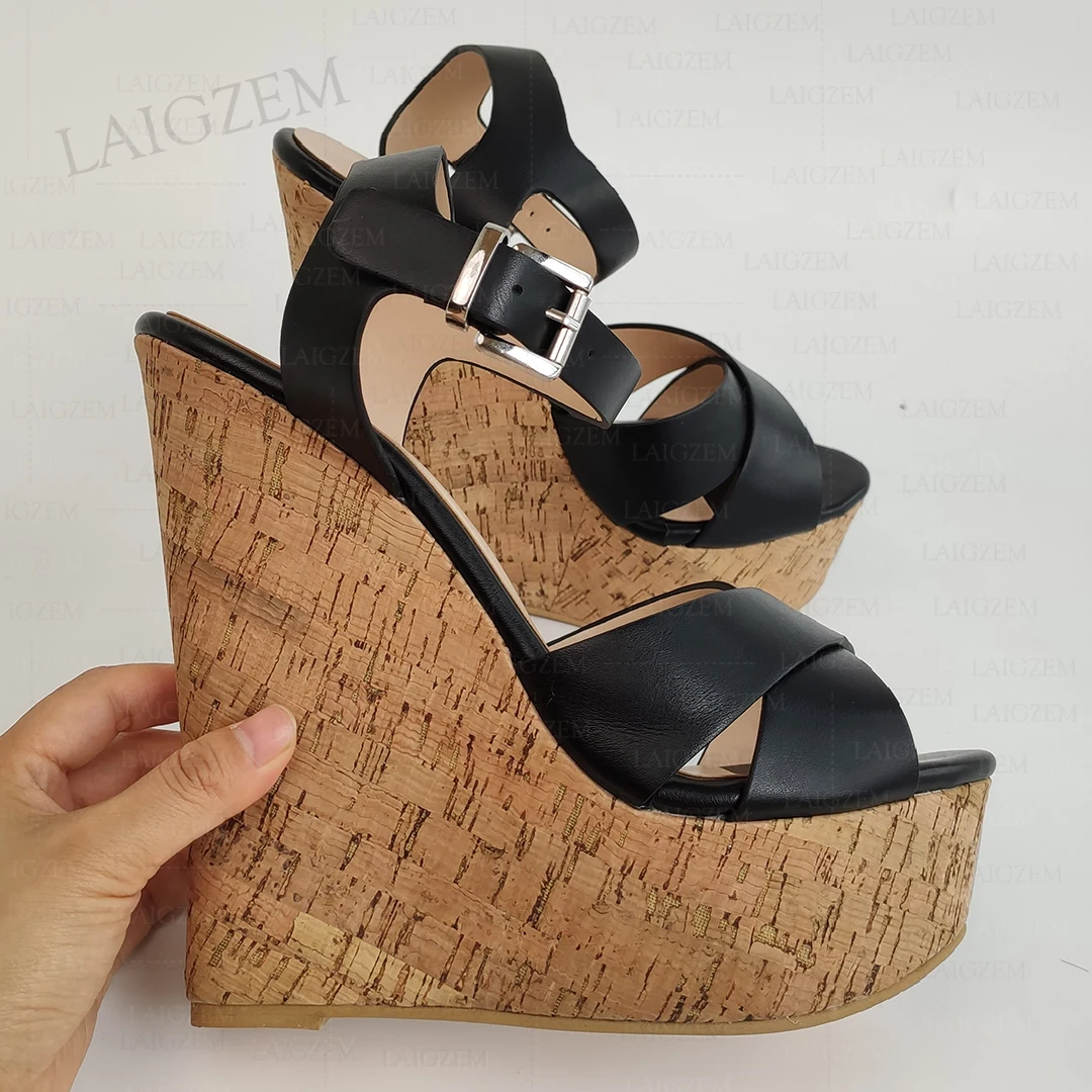 SEIIHEM Women Platform Wedges Pumps High Heels Sandals Faux Leather Handmade Ladies Shoes Woman Height Increase Big Size 43 52