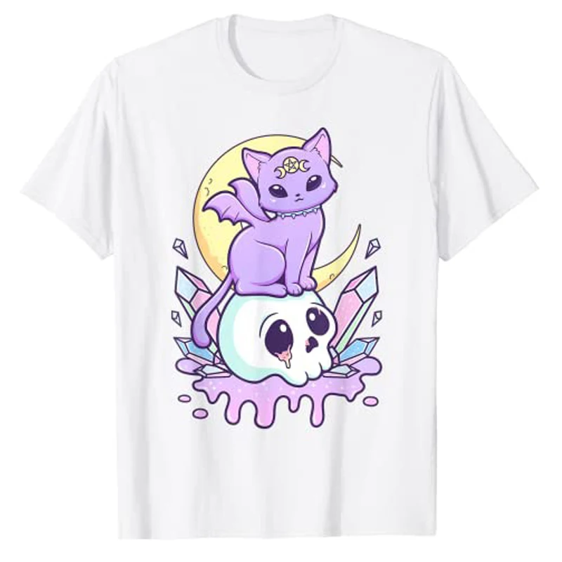 Kawaii Pastel Goth Cute Creepy Witchy Cat and Skull T-Shirt Cartoon Creepy-Skull Serpent Snake Roses Shirts 3 Headed Dog Clothes