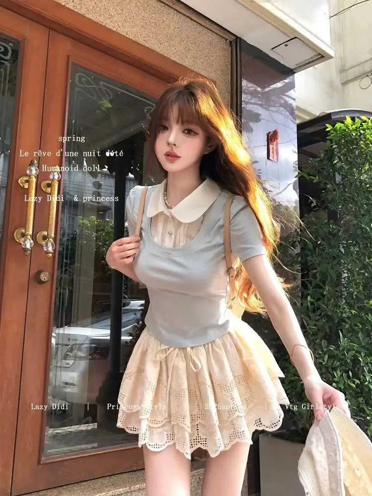 

Japan Fake Two-Piece Short-Sleeved T-Shirt For Women Summer Doll Collar Waist Slimming Top + Half-Length Short Skirt Suit