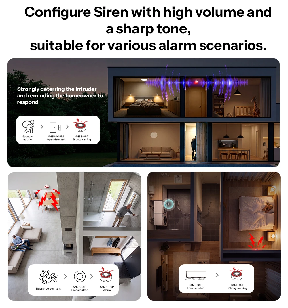 SONOFF SNZB-09P Zigbee SenseGuard Innensirene, lauter Alarm, benutzerdefinierte Alarmtöne, Ton-Licht-Alarm, duale Stromversorgung, Zigbee-Sicherheit – Detail 9