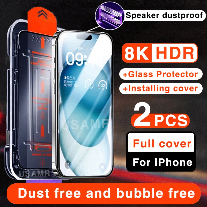 

2PCS 8K Dust Remover Screen Protector For iPhone 15 14 13 11 11 Pro Max XS X XR 15 14 Plus Tempered Glass Add Installing Box