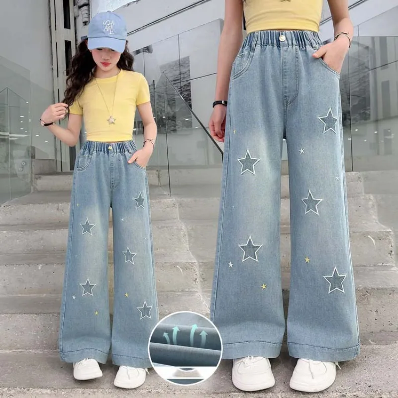 UNITIM Children Girl Jeans Summer Retro Star Printed Junior Girls Denim Pant Loose Elastic Waist 4-14Y Teens Girls Straight Pant