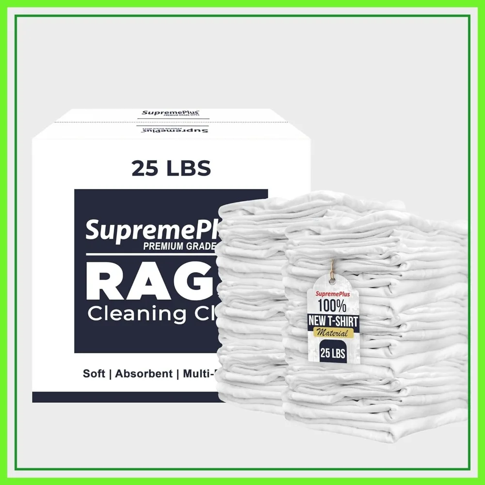 

Premium White Cotton Knit T-Shirt Rags - 25 lbs Box, Lint-Free & Absorbent Cleaning Cloths for Auto, Paint, Garage, Staining & Polishing