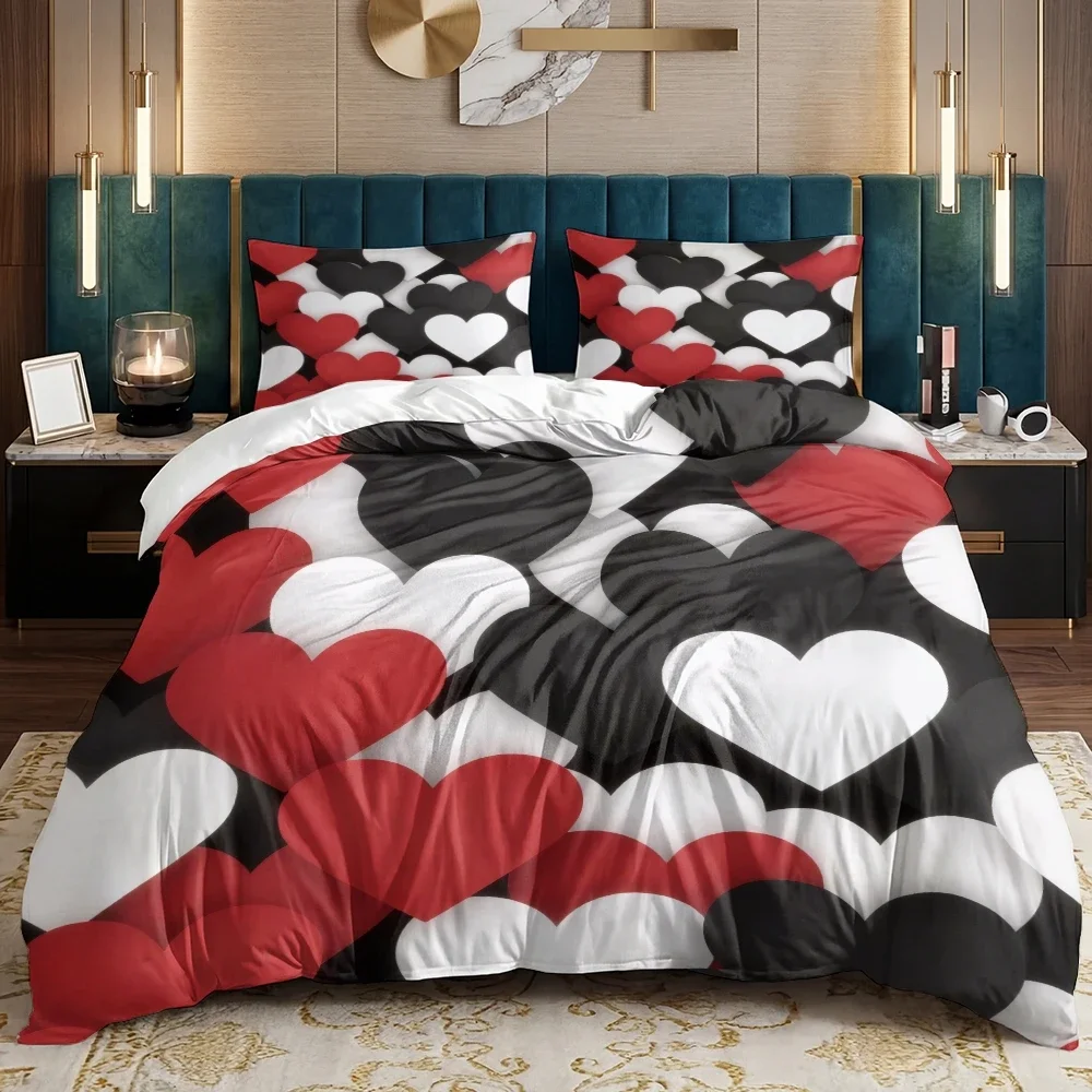 3 Piece Set Black White and Red Heart Valentine's Day Quilt Set,Including 1 Duvet Cover and 2 Pillowcases(excluding Padding)