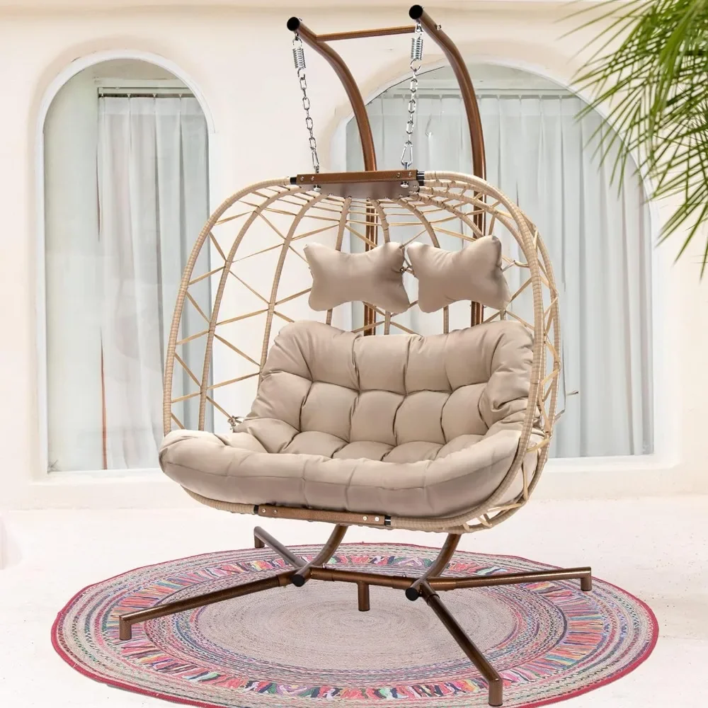 Chaise à œufs à double balançoire avec support, grande chaise de confrontation avec coussins beiges, 2 prêts hypothécaires, intérieur et extérieur, WUNICEF. Jumeaux Basket