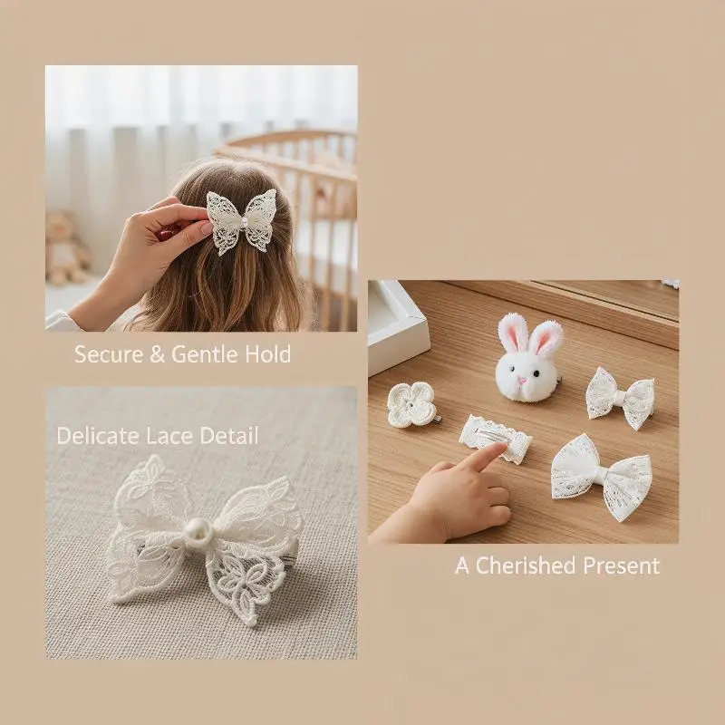 Niedliche beige Haarspangen-Set mit Spitzen-Schleifen- und Hasenblumen-Designs, perfekt für kleine Mädchen zum täglichen Tragen, für Geburtstagsfeiern und die Schule. – Detail 1