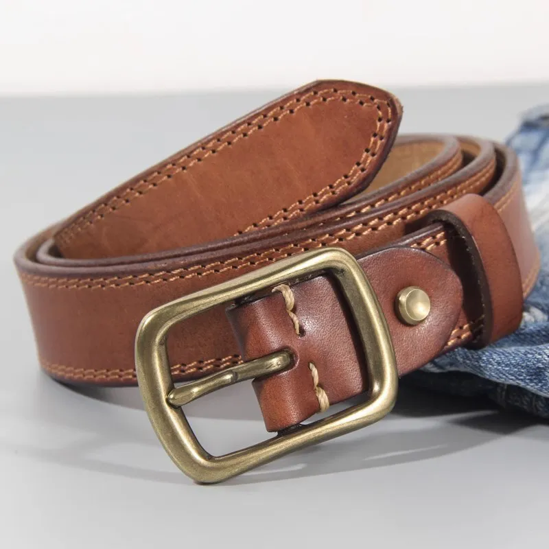 Retro Designer Genuine Leather Women's Belt Pure Copper Button Western Cowboy Style Versatile Jeans Fashion Luxury Women Belt