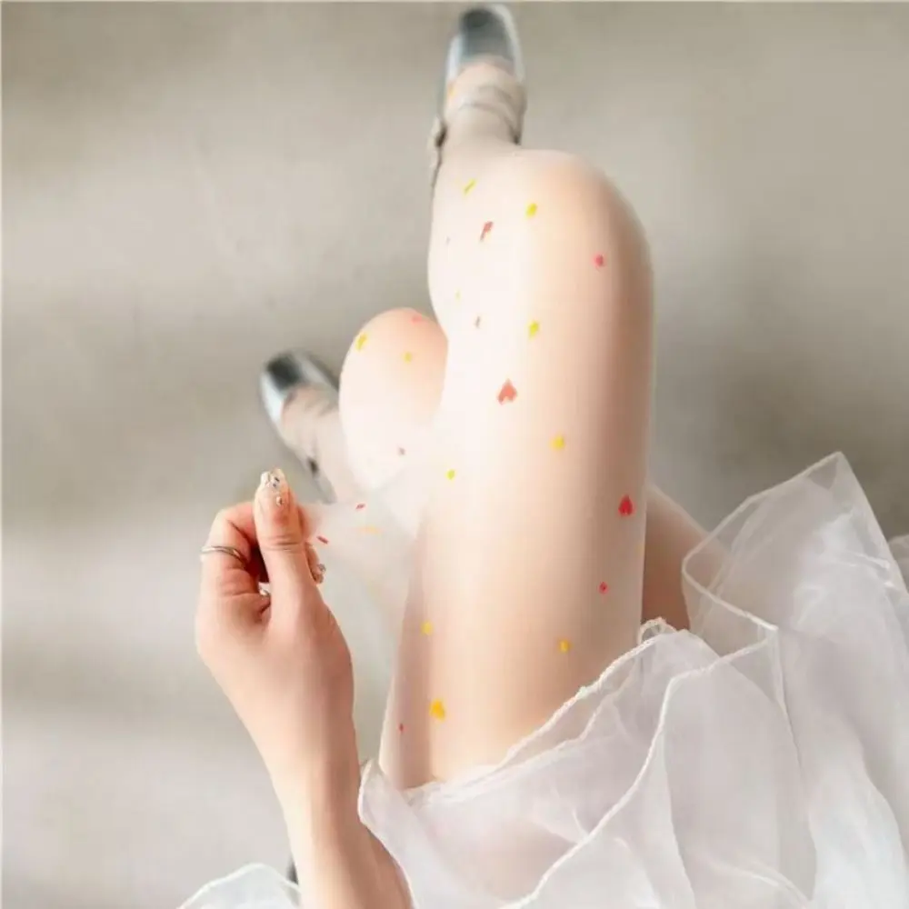 2 ชิ้นหวานโปร่งใสหัวใจยาว Tights ไนลอน Lolita JK สไตล์สีสัน Dot ถุงน่อง Ultra - บาง Harajuku ตาข่าย Pantyhose lady