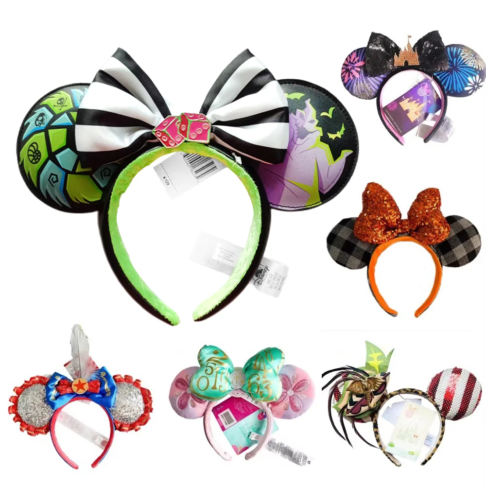 Disney New February Pirate Mickey Mouse Ear Headband Sequin Hair Bow Cosplay Party Headwear Girl Toy Birthday Gift