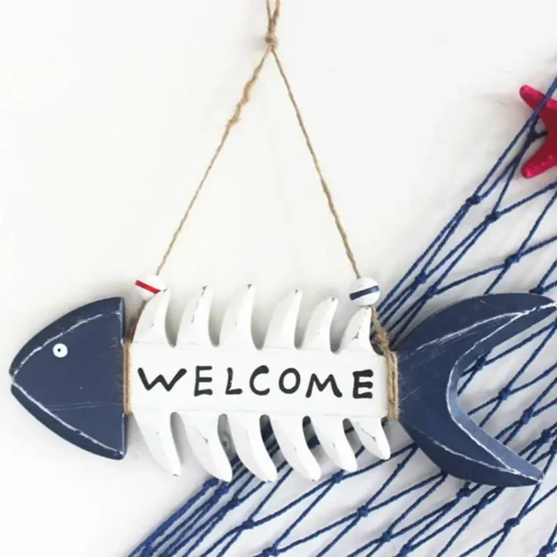 Mediterranean Wood Fish Bone Fishbone Welcome To Hang in The Wall of The Ornaments Wall Decoration