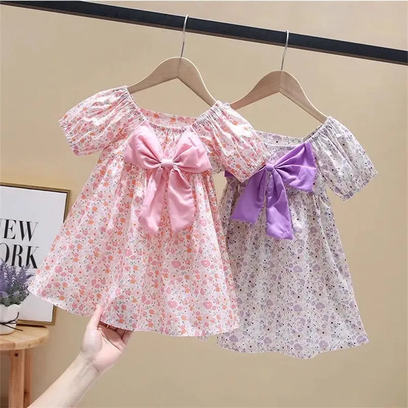 

Girls Dress 2025 Summer New Floral Bow Bubble Sleeve Princess Dress Summer Baby Girl Skirt Thin