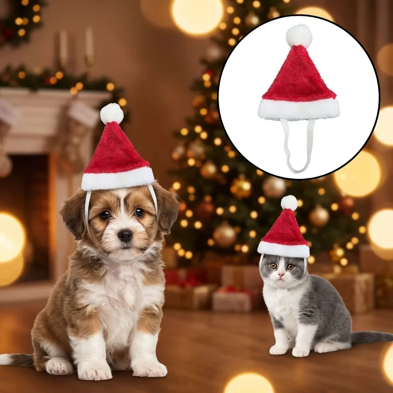 Red Plush Dog Christmas Santa Hat Soft Pet Cap Holiday Party Costume Accessory Cute Photo Decoration for Cats And Small Dogs