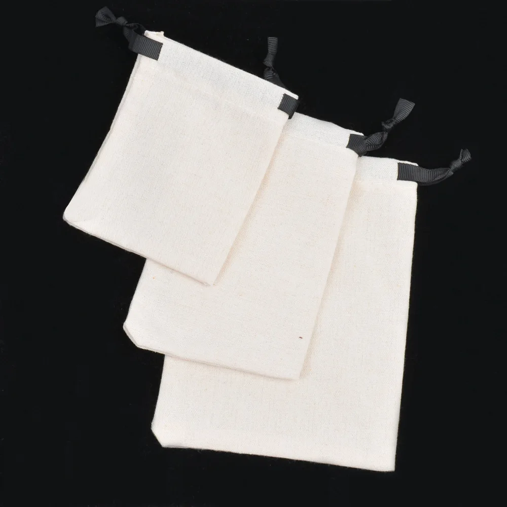 50pcs/lot 9*12 10*15 13*18cm White Cotton Drawstring Pouches With Black Rope Jewelry Gift Bags Women's Cosmetic Bag Custom Logo