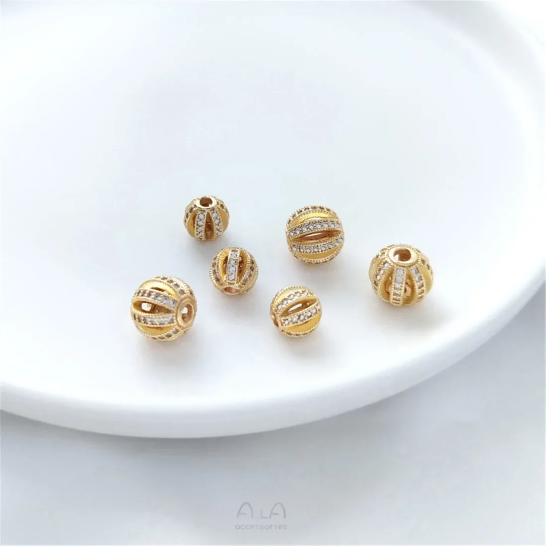 

14K Gold-Color Pumpkin Beads Micro-inlaid Zircon Hollow Balls Watermelon Beads DIY Pearl Jewelry Diamond Ball Bead Accessories