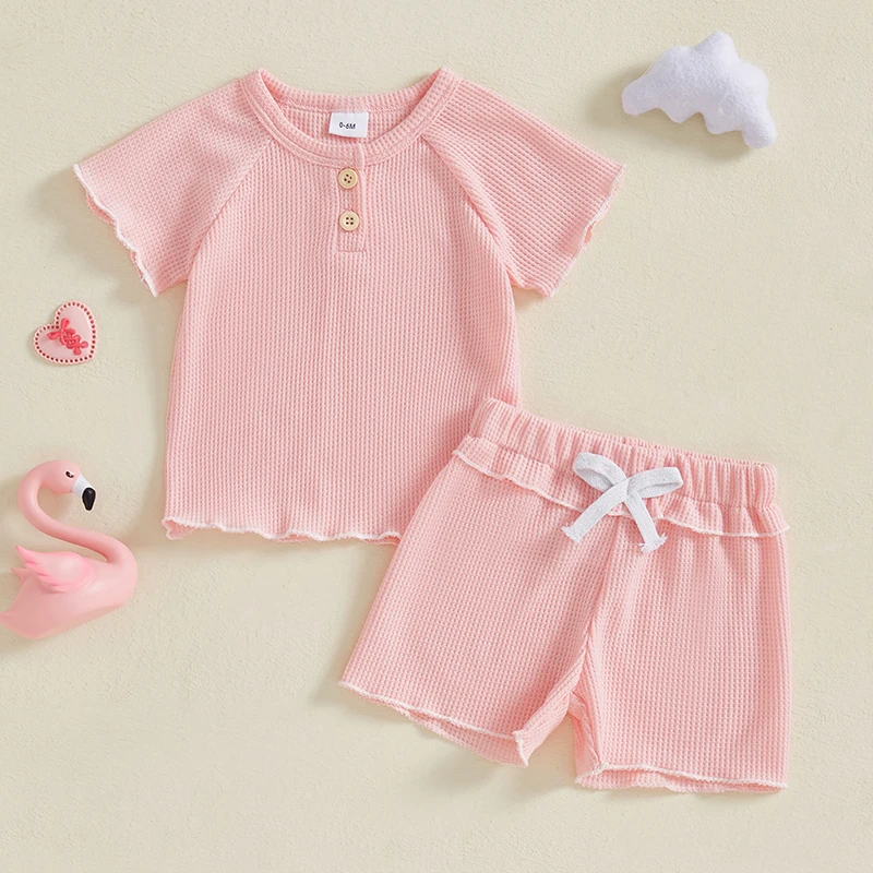 طفل رضيع فتاة الهراء الزي بلون قصيرة الأكمام الخس تقليم تي شيرت مرونة الخصر السراويل 2 قطعة الصيف مجموعة