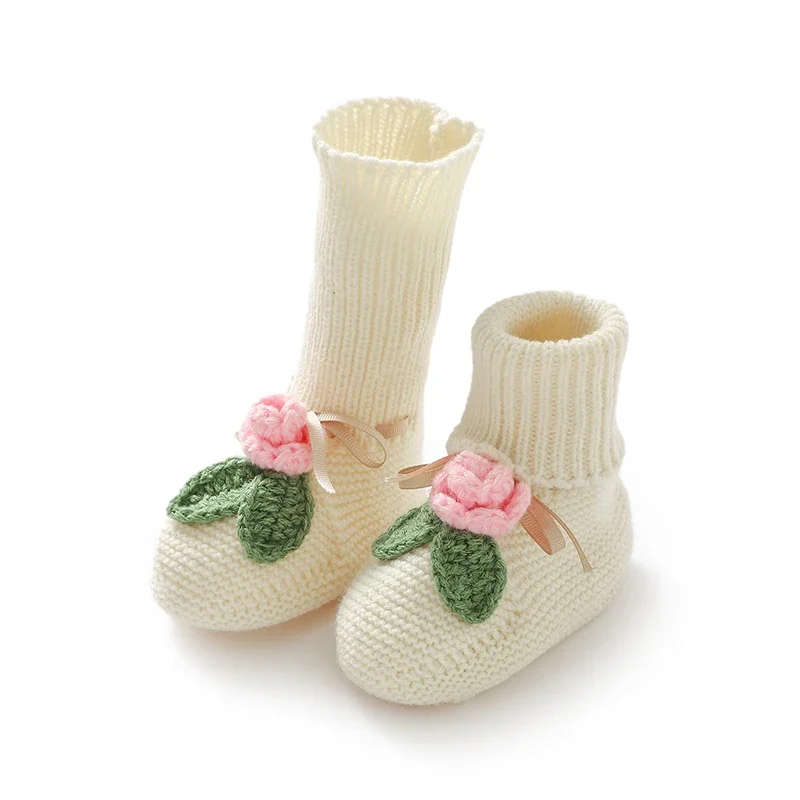 Baby Shoes Knit Toddler Slip-On Solid Bed Shoes Handmade 0-18M Footwear Newborn Girls Boots Fashion Floral Bow Warm Infant Socks