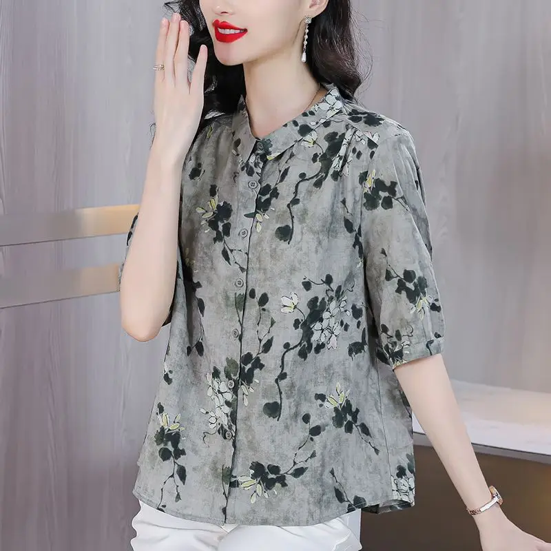 Women Summer Chinese Style Fashion Loose Printing Polo-Neck Short Sleeve Shirts Women Clothes Casual All-match Appear Thin Tops