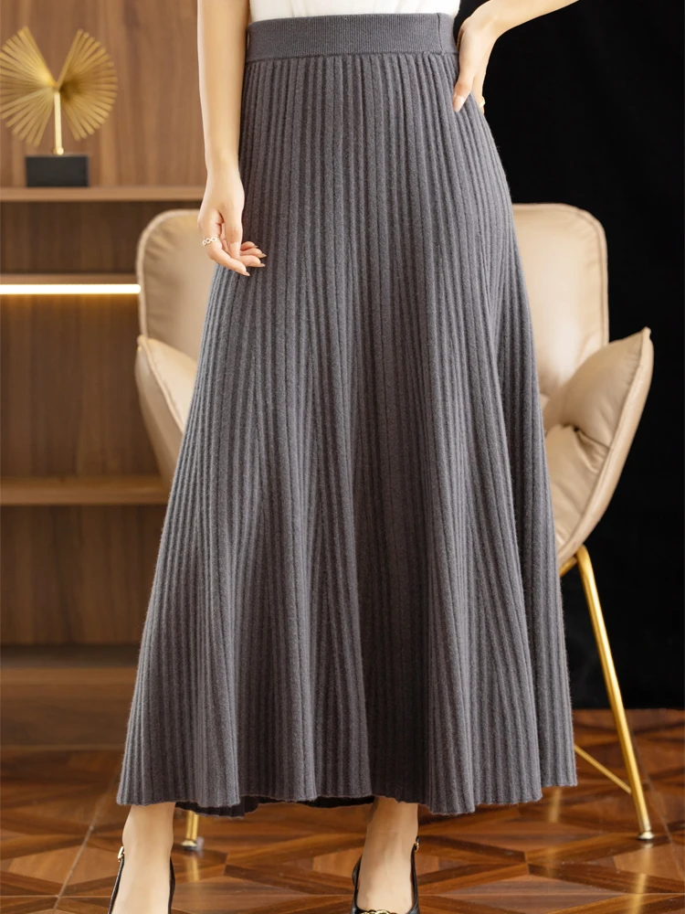 ADDONEE Autumn Winter Women Wool Skirt Office Lady Pleated Long Skirt 100% Merino Wool Knitwear Grace Dress Korean Fashion