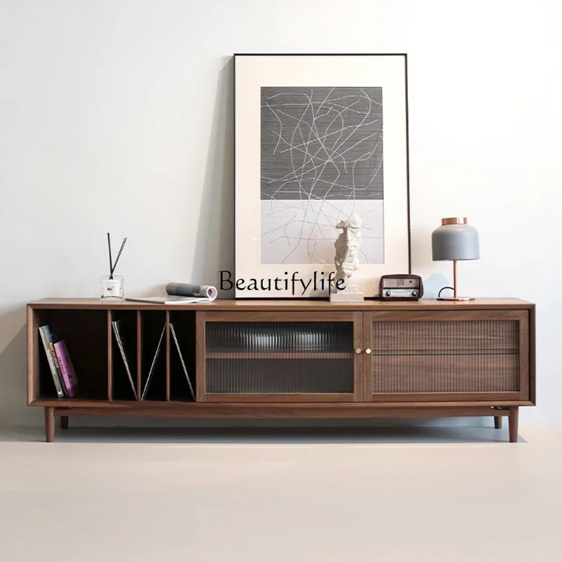 

Nordic floor-to-ceiling solid wood TV cabinet living room simple modern glass storage locker integrated