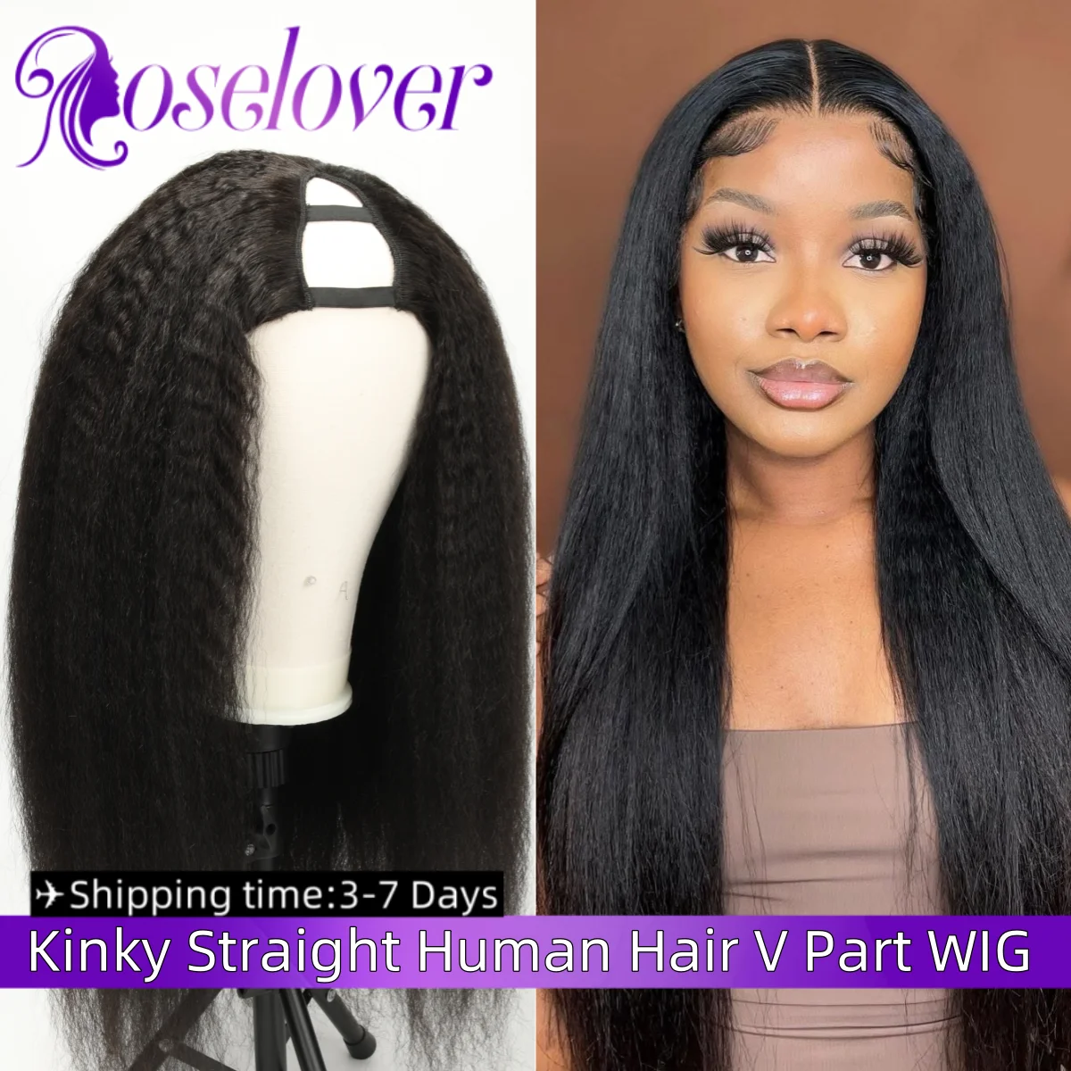 

ROSELOVER V Part Human Hair Wigs Kinky Straight Wig Brazilian Remy Hair V Part Wigs Human Hair No Leave Out Without Glue