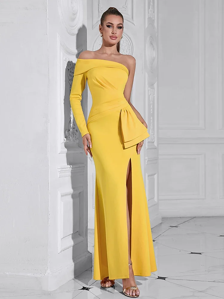 Sexy One Shoulder Ruched Split Long Dresses for Women Elegnat Yellow Long Sleeve Bodycon Runway Celebrity Evening Party Dress