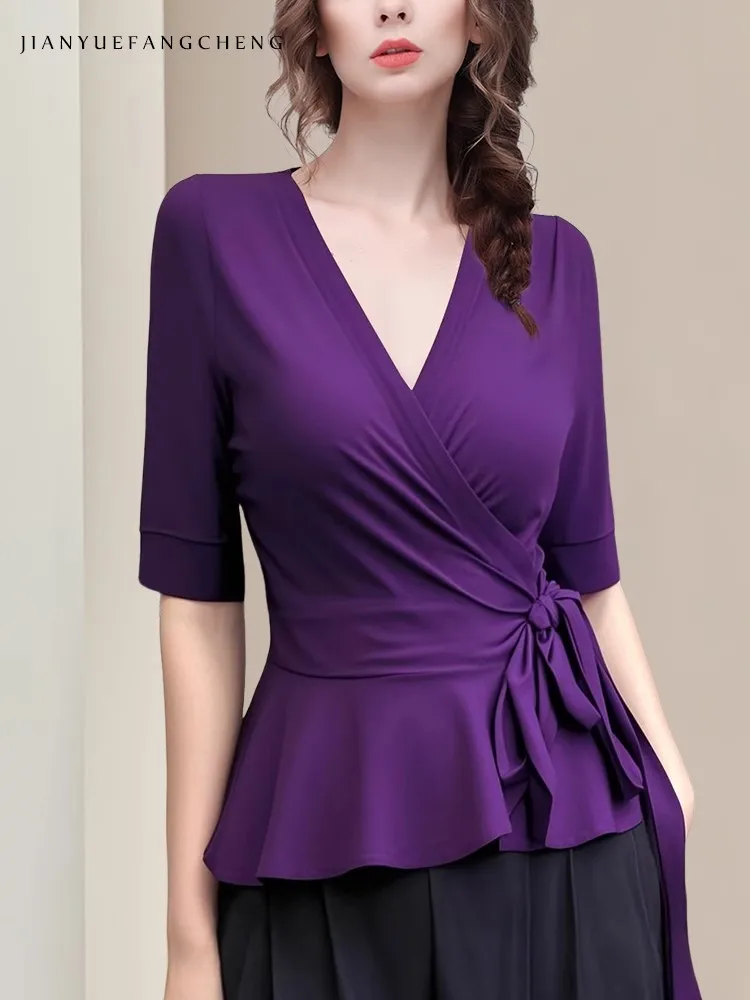 Sexy V-neck Skinny Purple Knit Top For Women With Belt Lace-up Spring Summer Short Sleeve Stretching Small Shirts