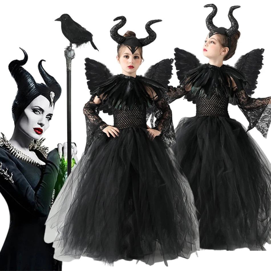 

Girl Maleficent Dark Queen Dress Halloween Cosplay Christmas Princess Costume Deluxe Black Glam Kids Ball Gown Cosplay Clothes