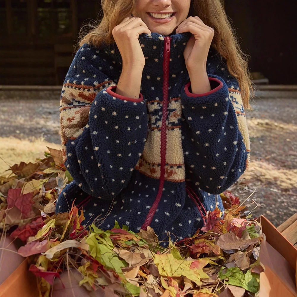 سترة صوفية نسائية غير رسمية لعام 2025 سترة مطبوعة للخريف والشتاء معطف قصير لحفلة عيد الميلاد ملابس خارجية فضفاضة بسحاب جديد #2