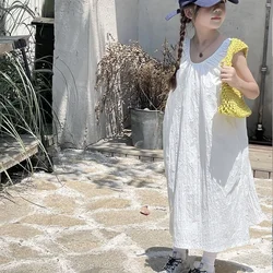 Baby Girls' French V-neck Loose Sleeveless Dress Summer Backless Long Dress Kids Solid Color White Temperament Clothes