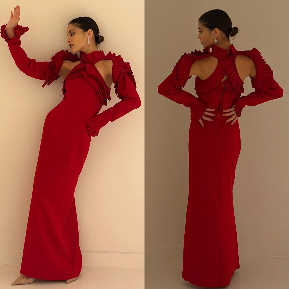 

Customized Fashion Formal Jersey Pleat Ruched Straight High Collar Long Dresses Bespoke Occasion Dresses Sizes Available Retro