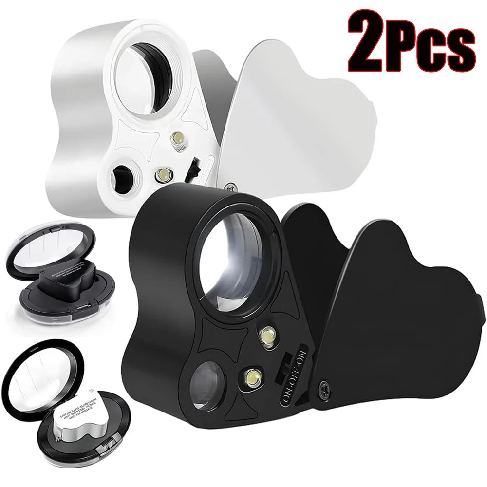 Lupa de Joalheiro 60X 30X com Luzes LED, Lupa de Bolso Dobrável para Diamantes, Ferramenta de Joalheiro com Lente Tripla