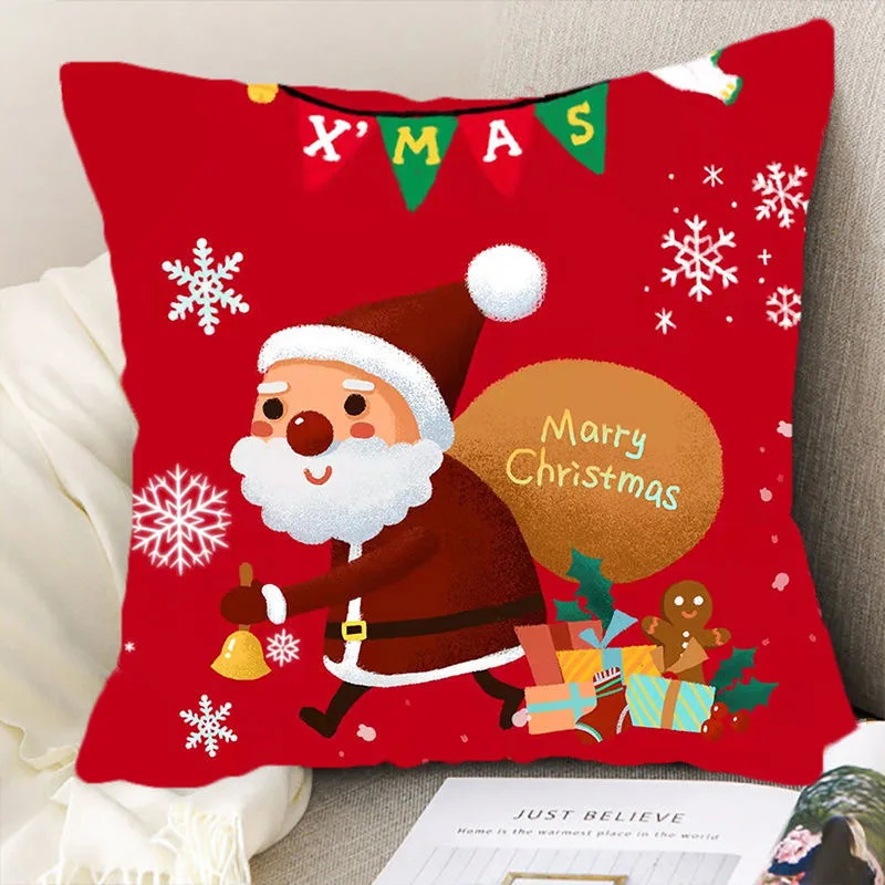 Christmas cartoon pillow cover, Santa Claus, reindeer, snowman, cute pillowcase, home celebration, red creative gift