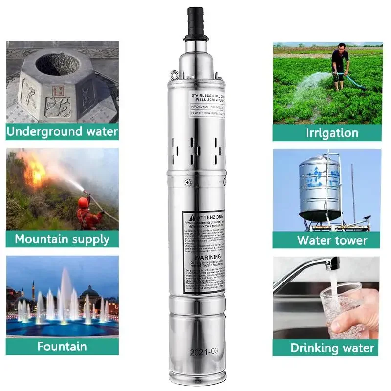 1100W 220V High Lift 60m Submersible Deep Well Pump for Garden Home Agricultural Irrigation Stainless Steel Solar Water Pump