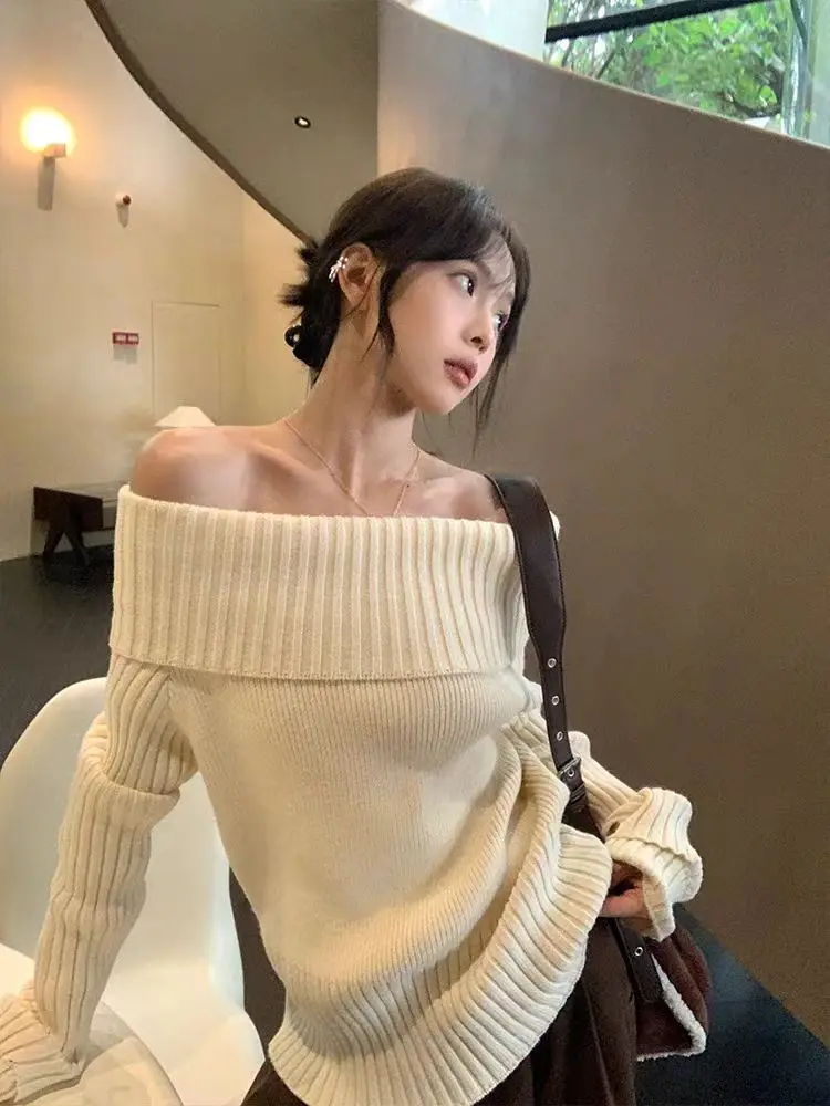 Sexy Off The Shoulder Sweater Shirt Women's Autumn Winter New Long-sleeved Slim Fit Knitted Tops Party Club Y2k