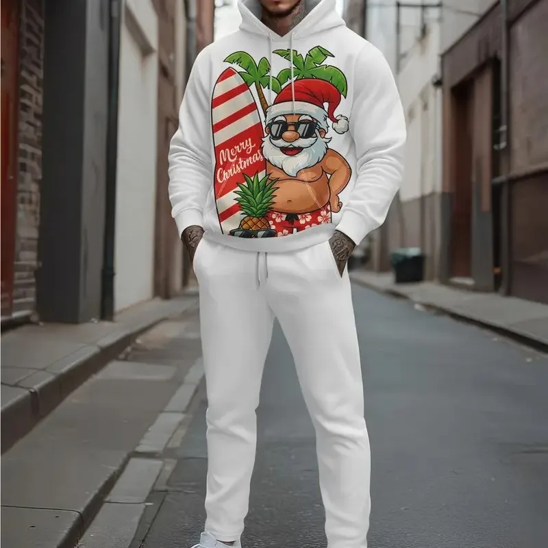 남성용 후드티 세트는 봄, 가을, 크리스마스에 적합하며 부드럽고 캐주얼하며 산타클로스 프린트가 있는 패셔너블한 제품입니다.